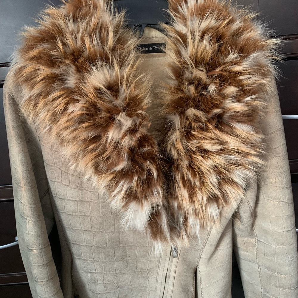 Italian 100% leather fur jacket fox fur beige